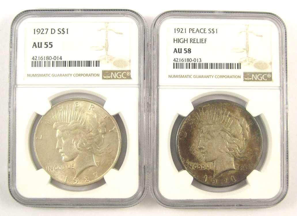 Appraisal: TWO U S PEACE TYPE SILVER DOLLARS -D NGC cased