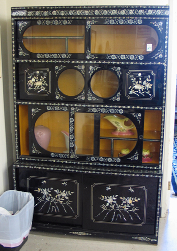 Appraisal: OYSTER SHELL AND BLACK LACQUER DISPLAY CABINET ON CABINET Korean