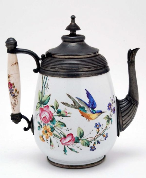 Appraisal: Victorian presentation coffee pot with enameled body decorated with birds