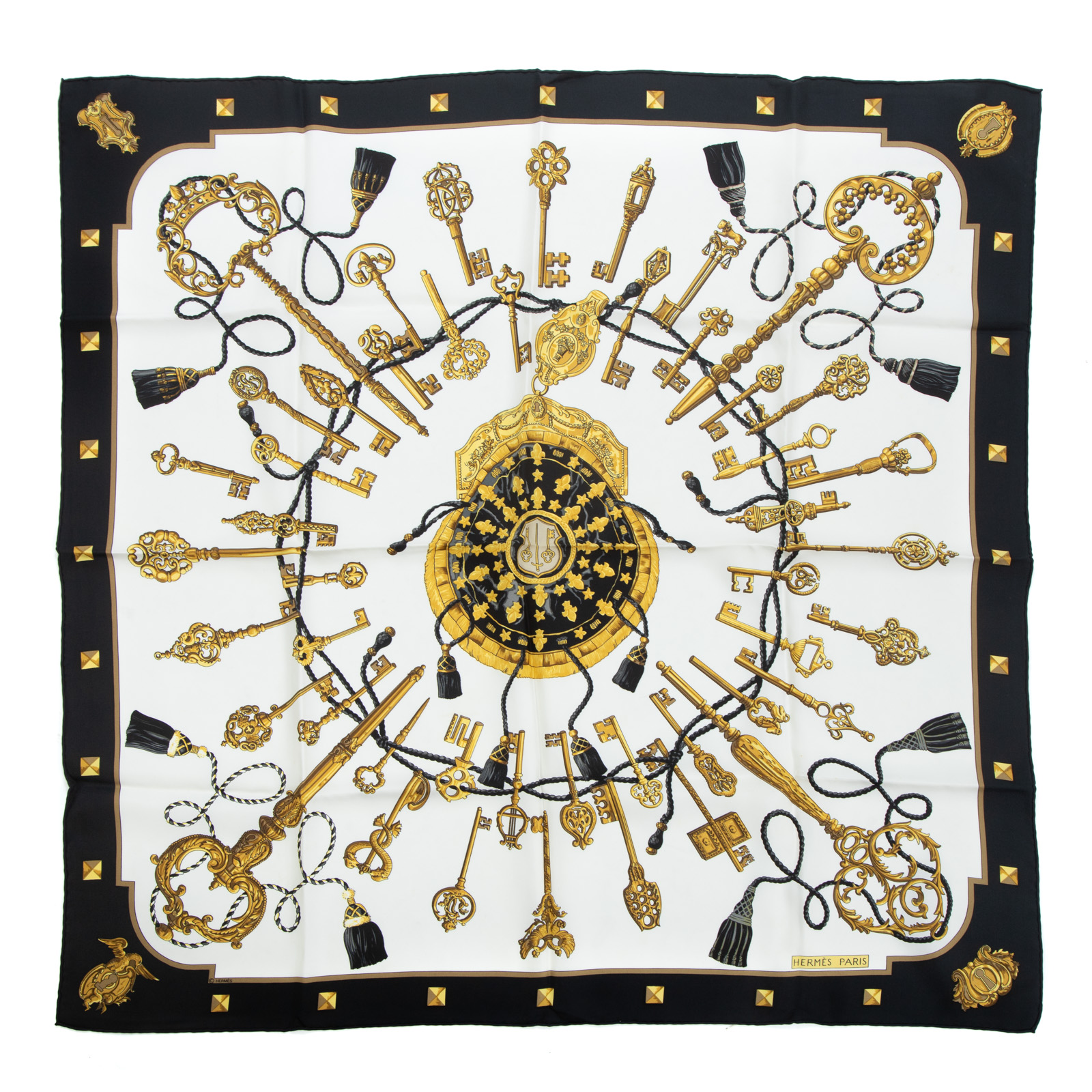 Appraisal: AN HERMES LES CLES SCARF Black and white Hermes cm