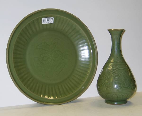 Appraisal: Two Ming style celadon glazed ceramics Including a charger with