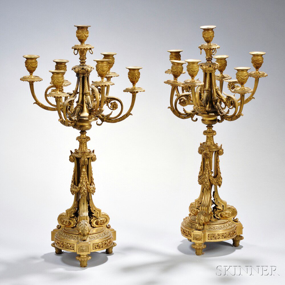 Appraisal: Pair of Dore Bronze Seven-light Candelabra France th century each