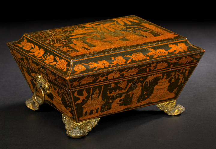 Appraisal: Good Georgian Gilt-Brass-Mounted Parcel-Ebonized and Penwork-Decorated Maple Workbox second quarter