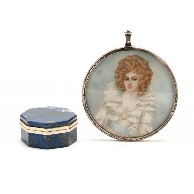 Appraisal: SILVER FRAMED PORTRAIT MINIATURE AND LAPIS BOX Round portrait miniature