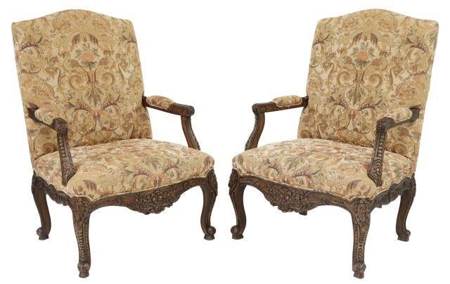 Appraisal: pair Louis XV style upholstered armchairs th c having richly