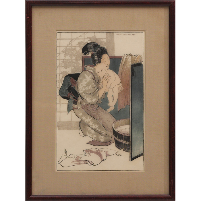 Appraisal: Helen Hyde woodblock print depicting a mother holding a baby