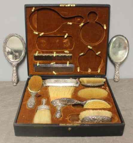 Appraisal: STERLING Repousse Vanity Items In PresentationCase From an Old Brookville