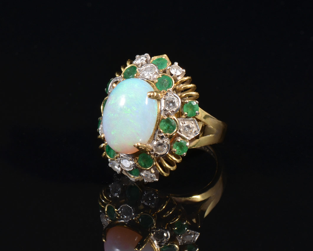 Appraisal: K OPAL EMERALD AND DIAMOND RING K yellow gold centering