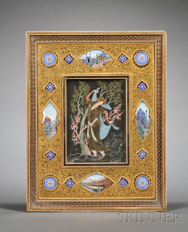 Appraisal: Indo-Persian Gouache Painting within an Elaborate Enamel and Brass Frame