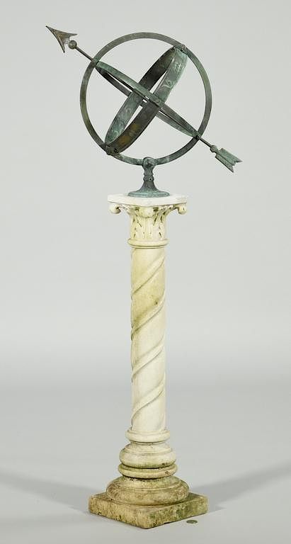 Appraisal: Armillary Sphere on Marble Pedestal th century bronze armillary sphere