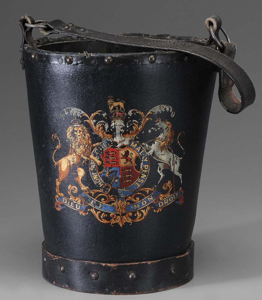 Appraisal: Leather Fire Bucket French th century tapered body with brass