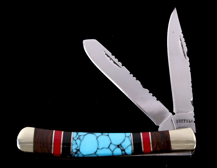 Appraisal: Navajo Turquoise Coral Inlaid Buffalo Knife This is an original