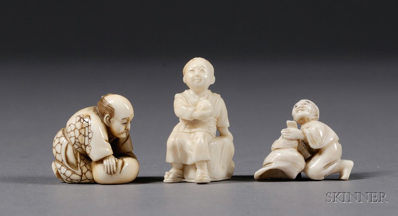 Appraisal: Three Ivory Netsuke th century a child a weightlifter and