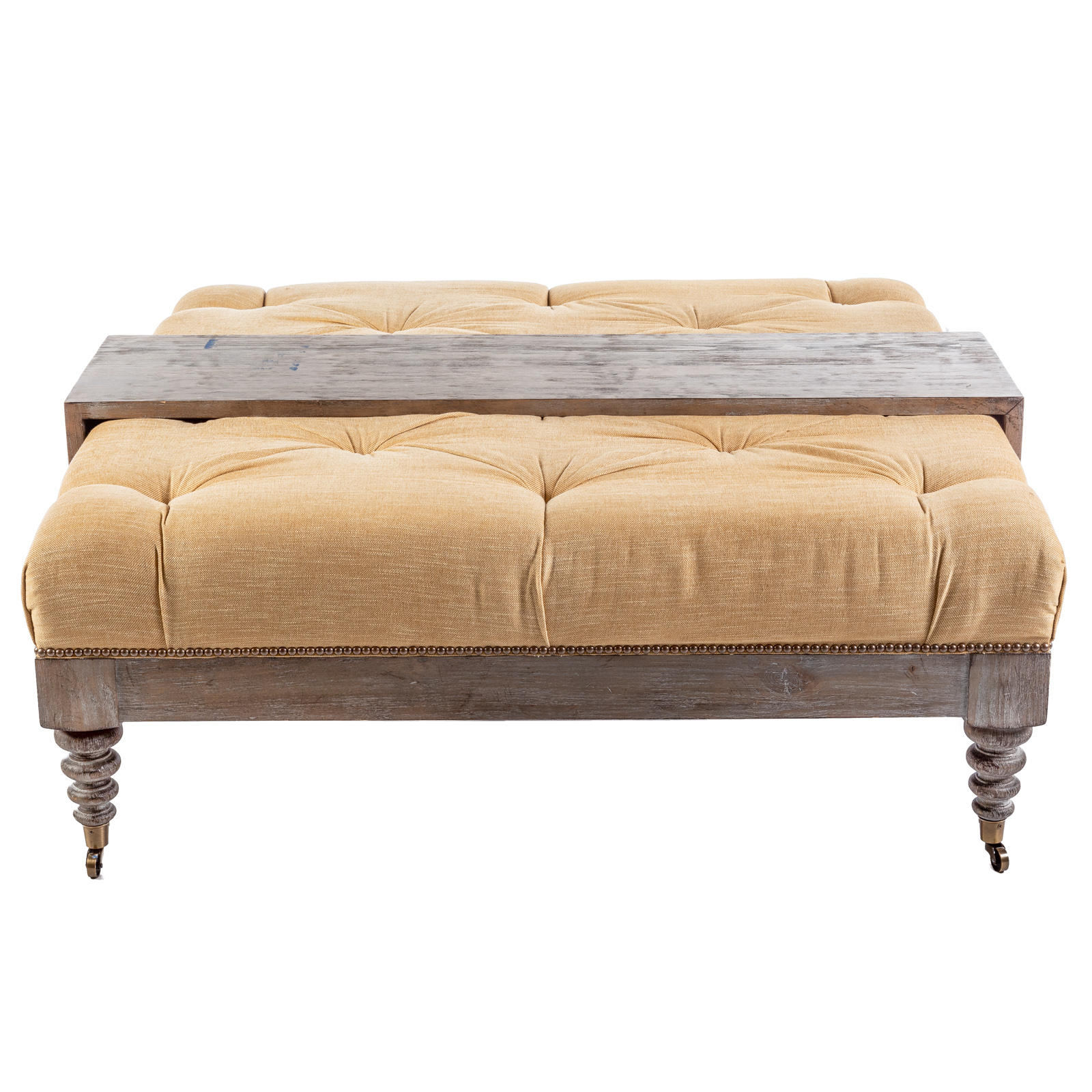 Appraisal: SQUARE TUFTED UPHOLSTERED OTTOMAN WITH TRAY th century tufted upholstered