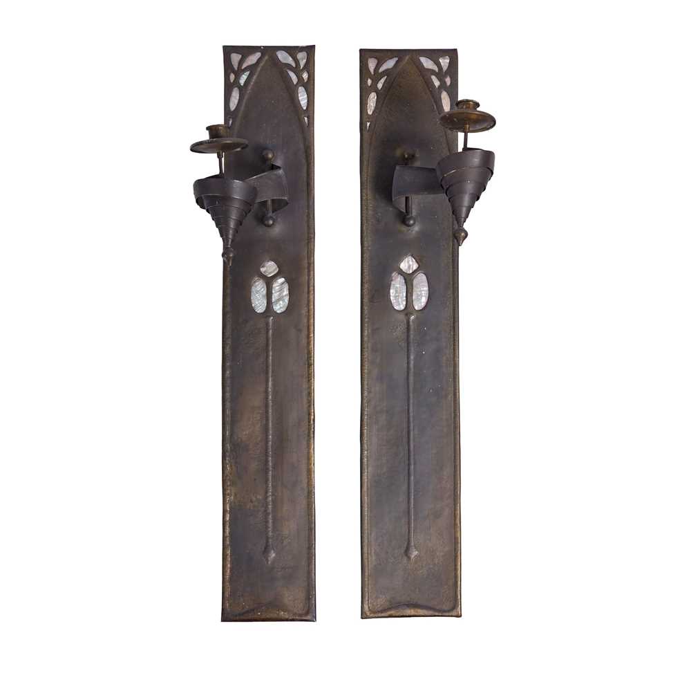 Appraisal: ENGLISH PAIR OF ARTS CRAFTS WALL SCONCES CIRCA patinated brass