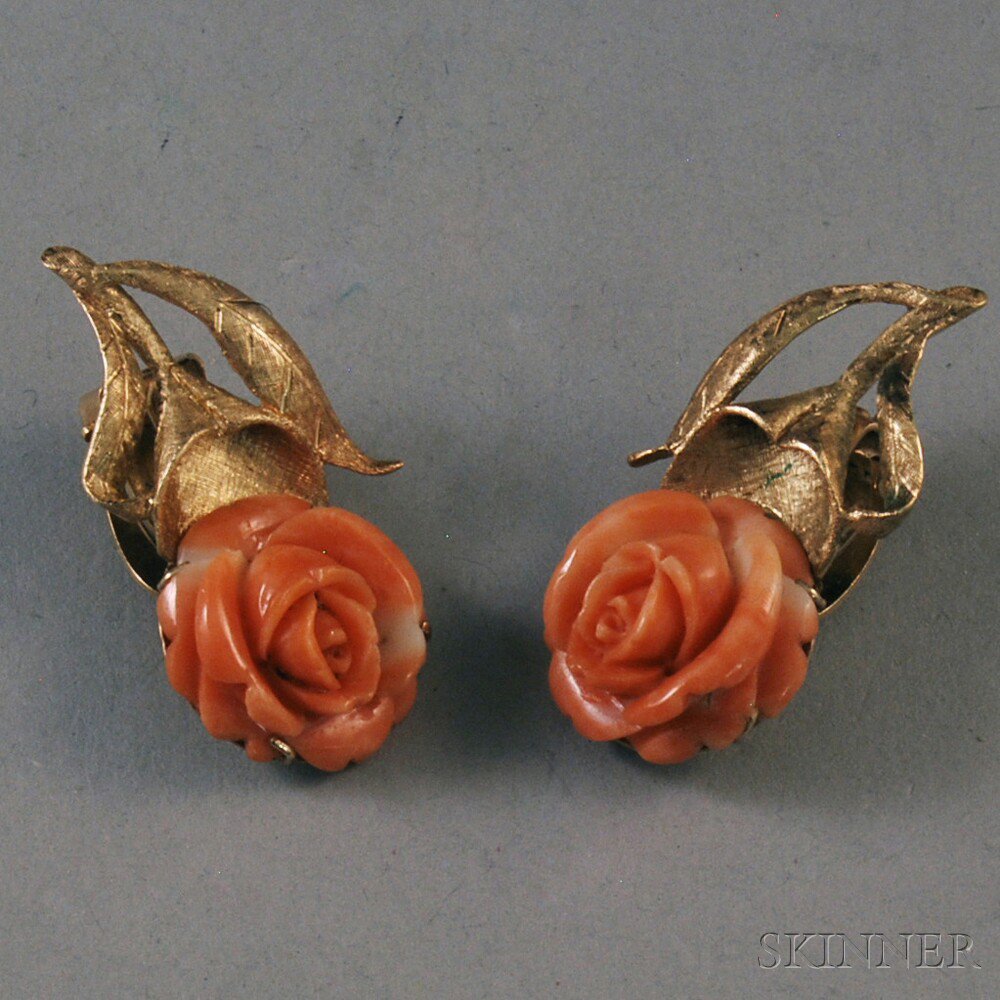 Appraisal: kt Gold and Carved Coral Rose Earclips with carved mottled