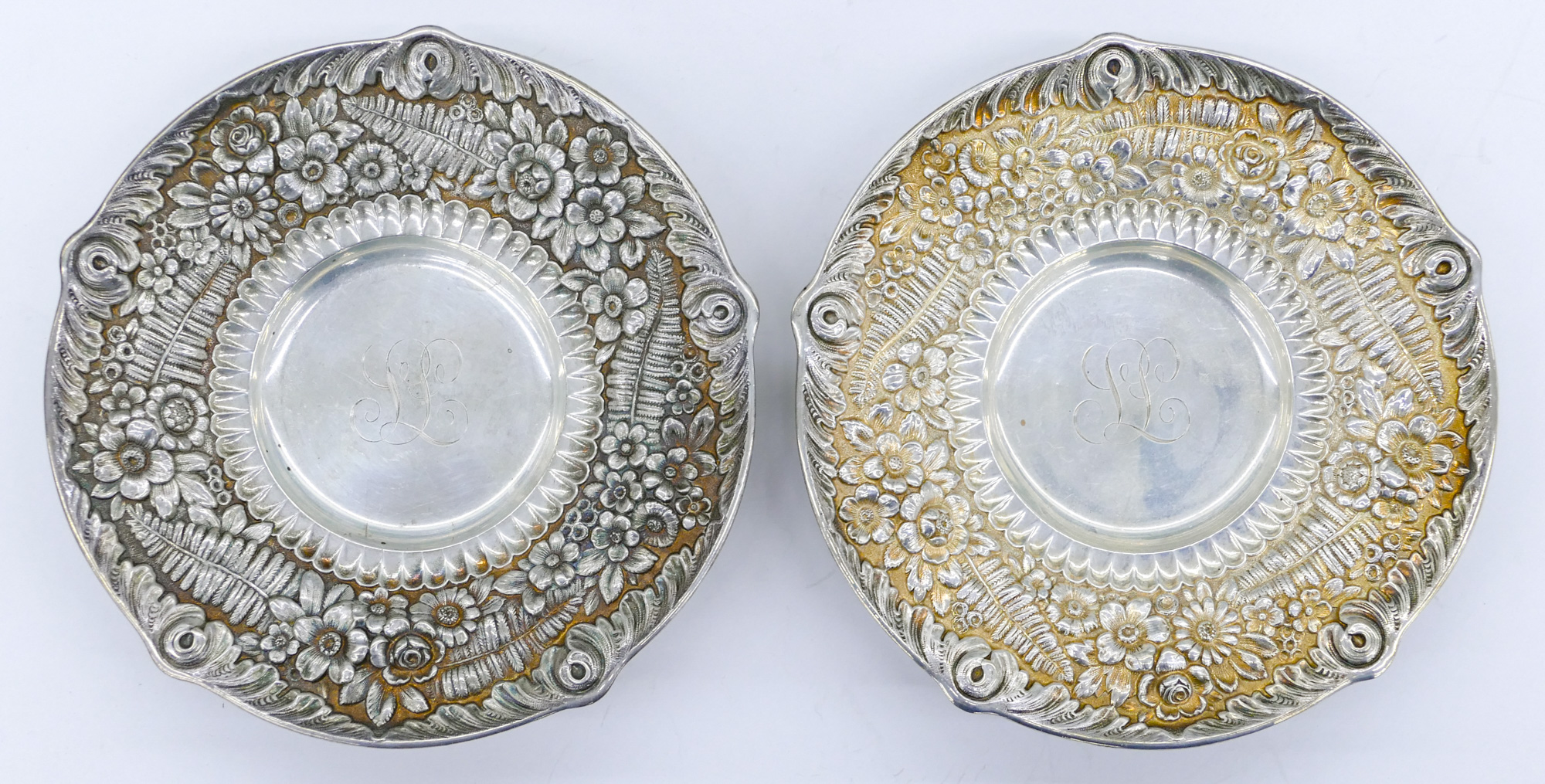 Appraisal: Pair Antique Tiffany Co Repousse Sterling Dishes '' Ornate hand