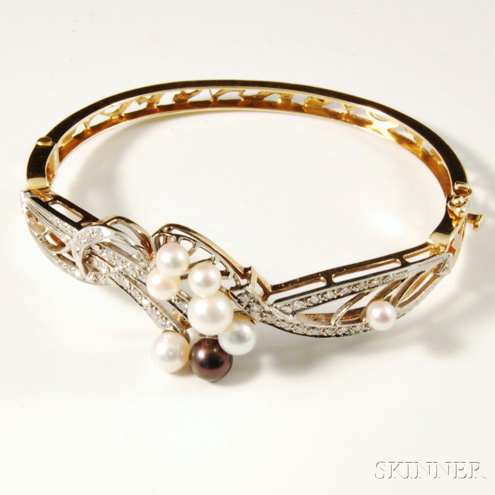 Appraisal: kt Gold Diamond and Pearl Bangle including one black pearl