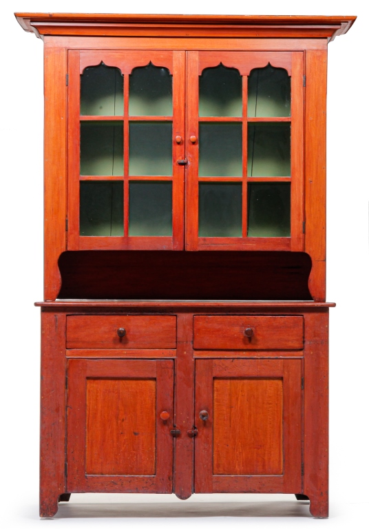 Appraisal: AMERICAN TWO-PIECE STEPBACK CUPBOARD Mid th century pine Top with