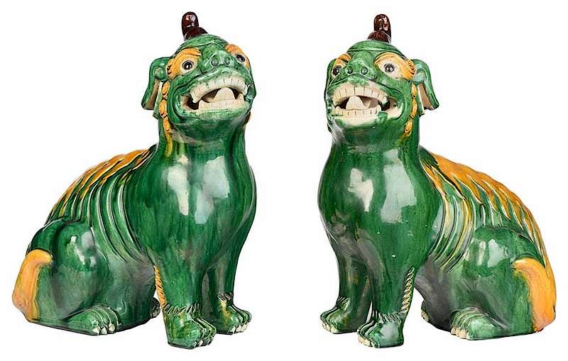 Appraisal: Pair Green Glazed Foo Lions probably Thai th century seated