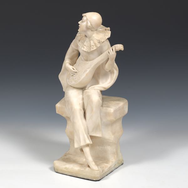 Appraisal: ITALIAN COMMEDIA DELL'ARTE CARVED ALABASTER SCULPTURE OF PIERO Carved alabaster