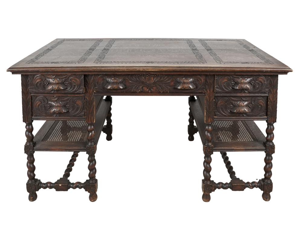 Appraisal: JACOBEAN STYLE CARVED OAK DESKlate th early th century the