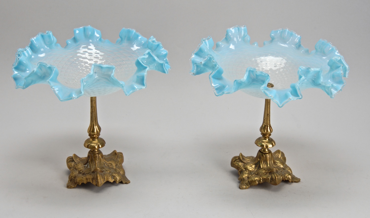 Appraisal: PAIR OF EARLY TH CENTURY GLASS AND BRASS COMPOTES with