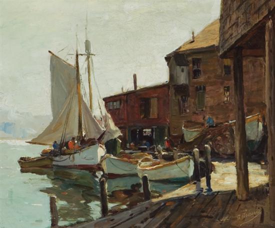 Appraisal: THIEME ANTHONY American - ''Italian Wharf Gloucester'' oil on canvas