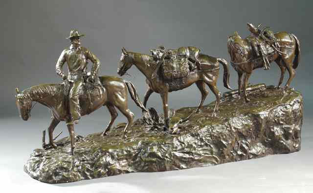 Appraisal: LARGE WESTERN BRONZE SCULPTURE ''Home Coming '' signed R Clark