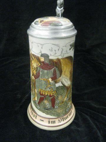 Appraisal: German Etched Pottery Stein inlaid top knight horse ' tall