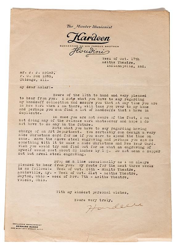 Appraisal: Pair of Typed Letters Signed Hardeen to Joseph Kolar Hardeen