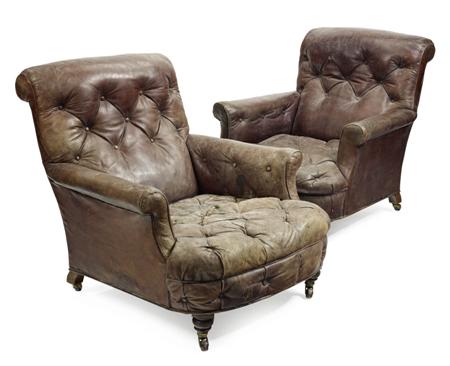 Appraisal: PAIR OF VICTORIAN LEATHER UPHOLSTERED ARMCHAIRS CIRCA covered in buttoned