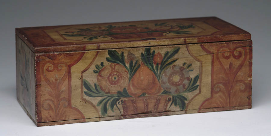 Appraisal: FANCIFUL PAINT DECORATED DOCUMENT BOX This th century pine box