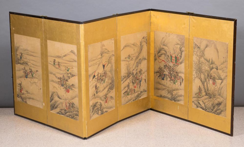 Appraisal: SIX-LEAF HUNTING PARTY PAINTED SCREEN Korean late Choson Joseon period