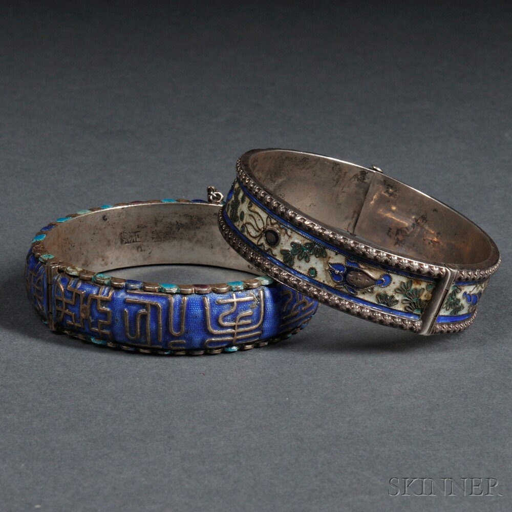 Appraisal: Two Sterling Silver Cloisonne Bracelets China th century with hinge