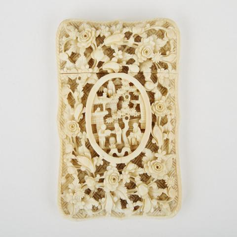 Appraisal: A Mid-Sized Carved Ivory Card Case with Landscape Early th