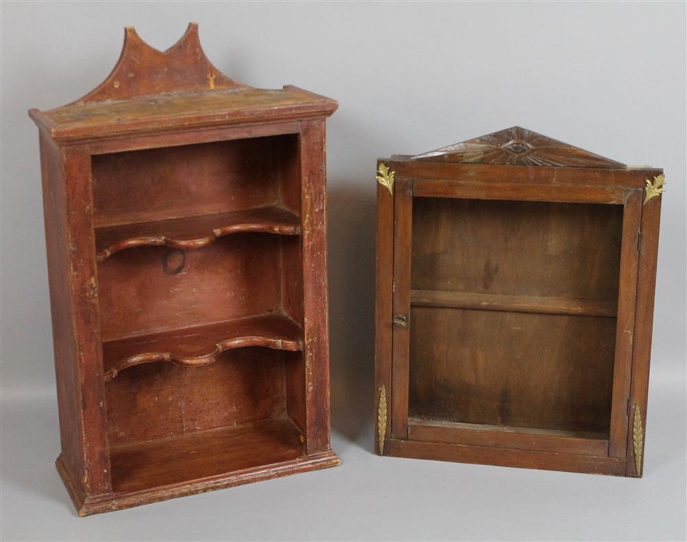 Appraisal: TWO PRIMITIVE DISPLAY CABINETS the first hanging with peaked roof