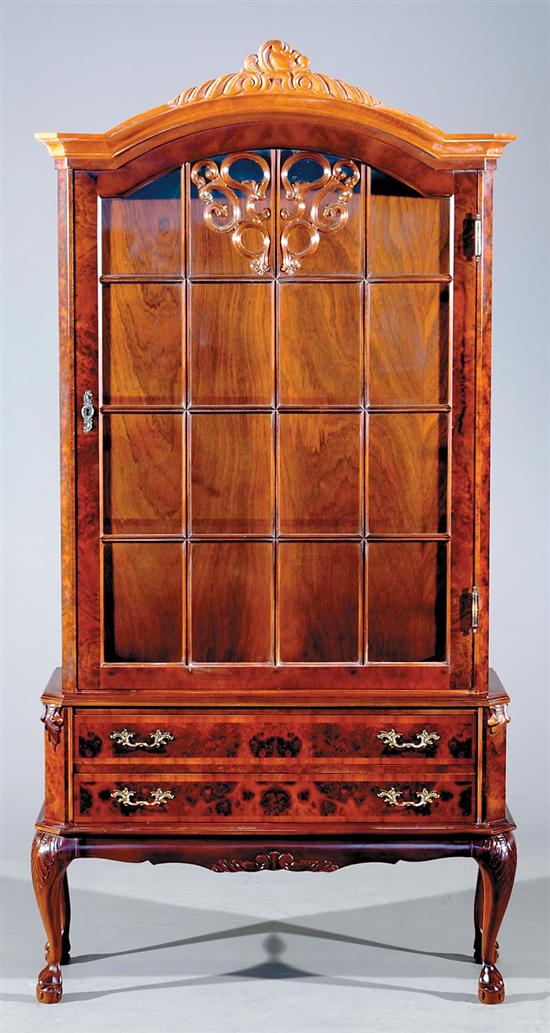 Appraisal: Dutch style carved walnut and burl display cabinet arched and