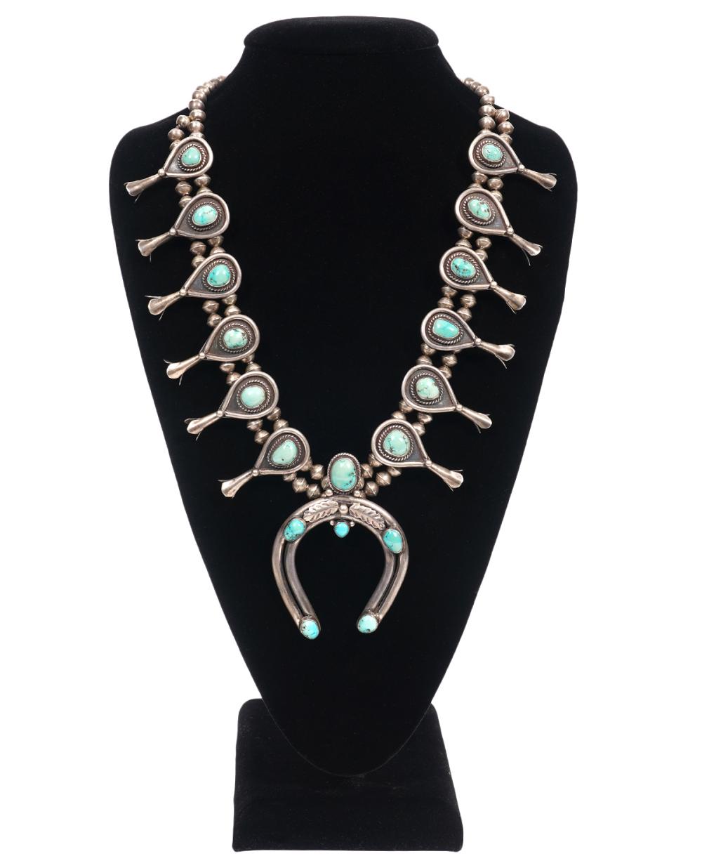 Appraisal: TURQUOISE SILVER SQUASH BLOSSOM NECKLACEVintage Old Pawn Bisbee turquoise and