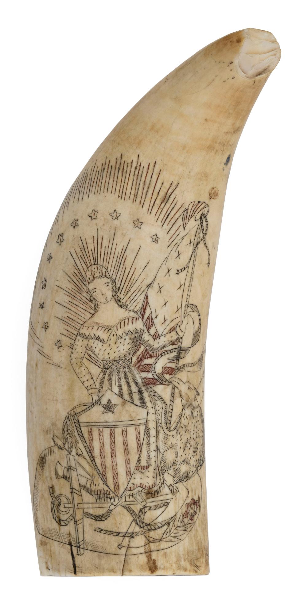 Appraisal: POLYCHROME SCRIMSHAW WHALE'S TOOTH WITH PATRIOTIC AND FOLK ART MOTIFS