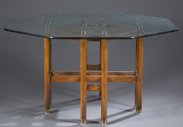 Appraisal: Glass rests on eight cherry veneered legs with cross-shaped stretchers