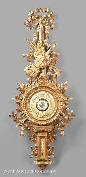 Appraisal: A Louis XVI-Style Gilt Barometer beribboned musical troph e atop