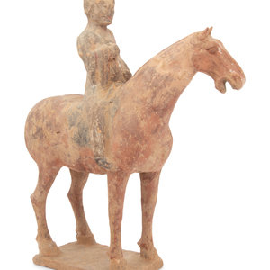 Appraisal: A Chinese Pottery Equestrian Figure Possibly Tang Dynasty Height x