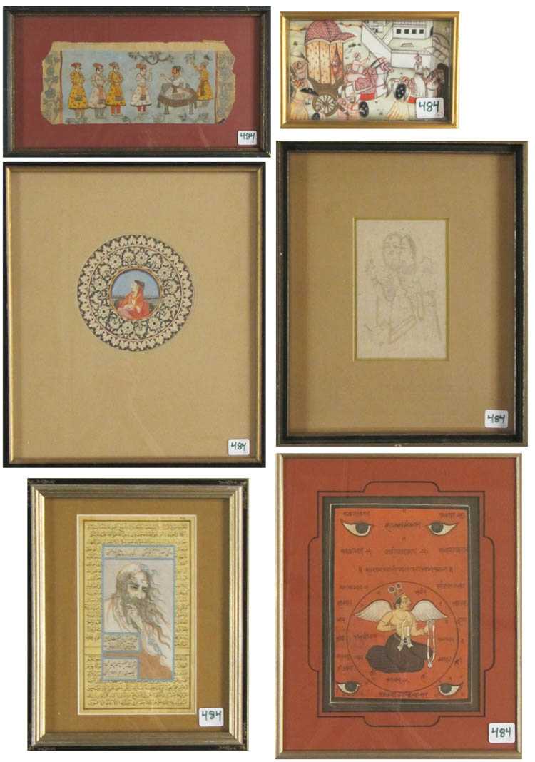 Appraisal: SIX INDIAN HAND-DRAWN ILLUSTRATIONS figures in various scenes Images measure