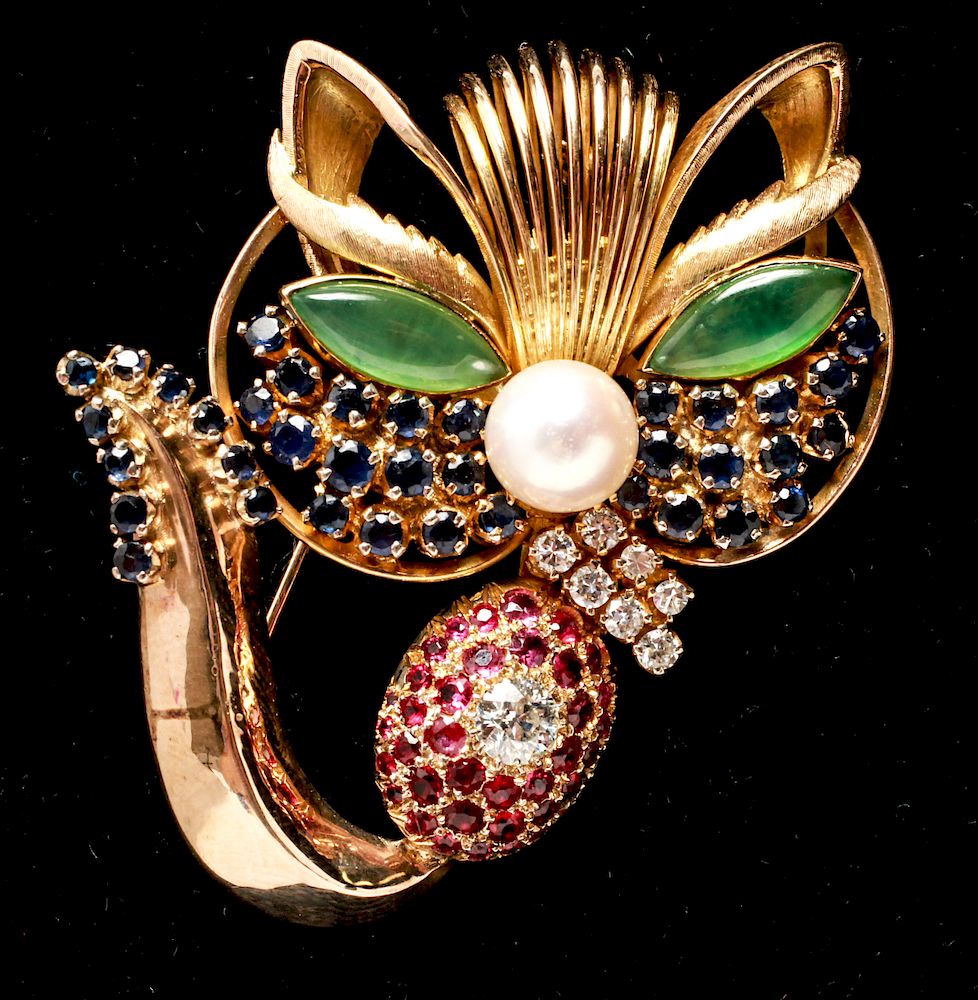 Appraisal: K Gold Cat Brooch Diamonds Jade Rubies Sapphires K yellow