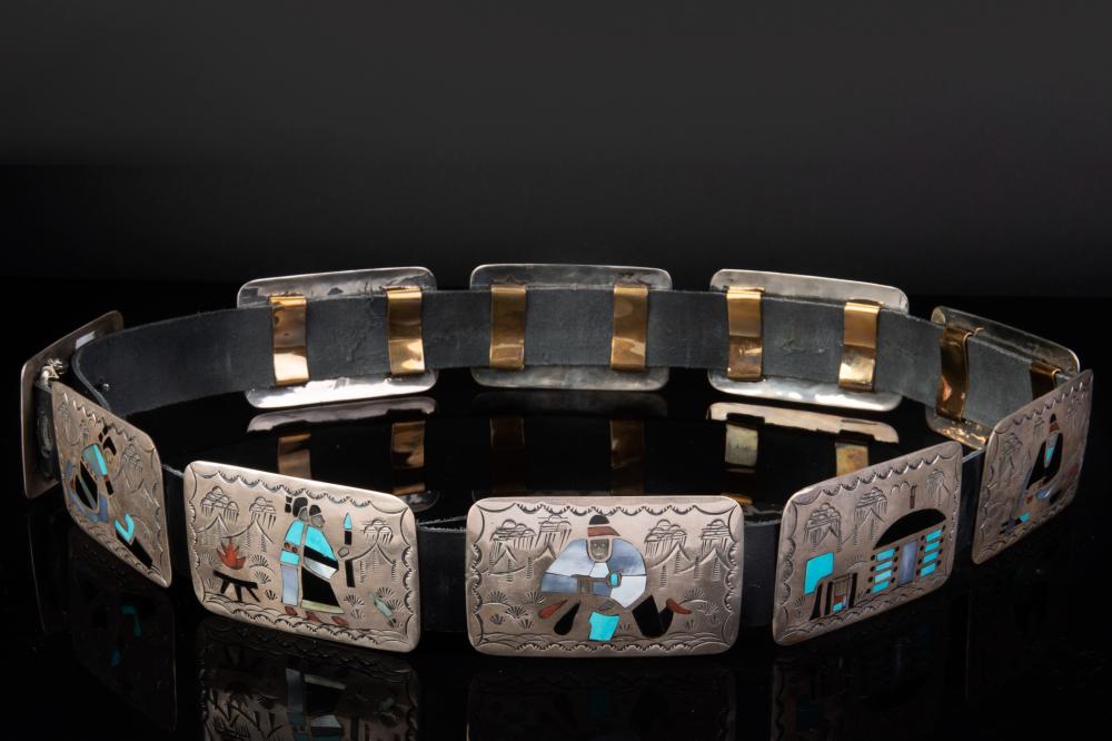 Appraisal: BENJAMIN BECENTI MULTI-STONE INLAY AND STERLING SILVER STORYTELLER CONCHO BELT