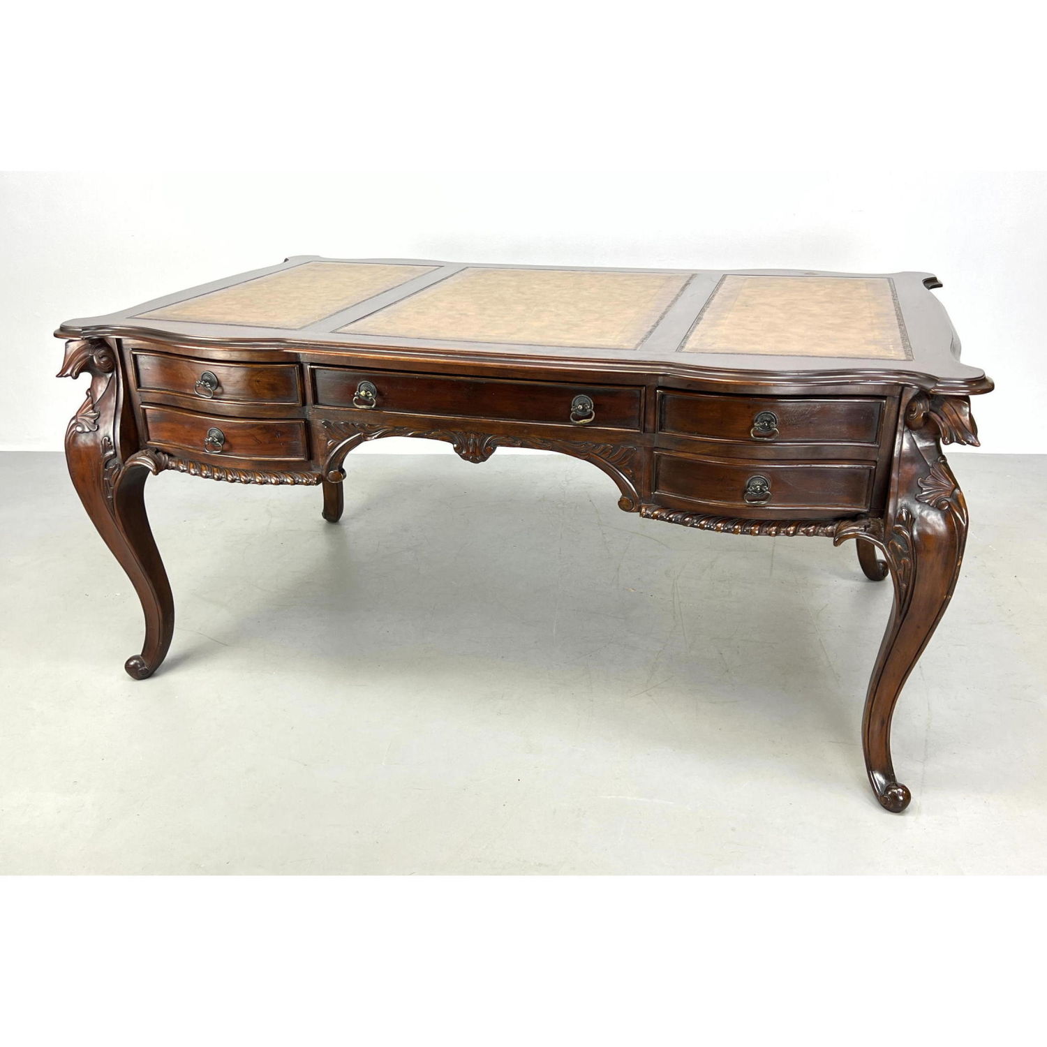 Appraisal: Leather Top Mahogany Desk Carved Rope Trim and Legs Dimensions