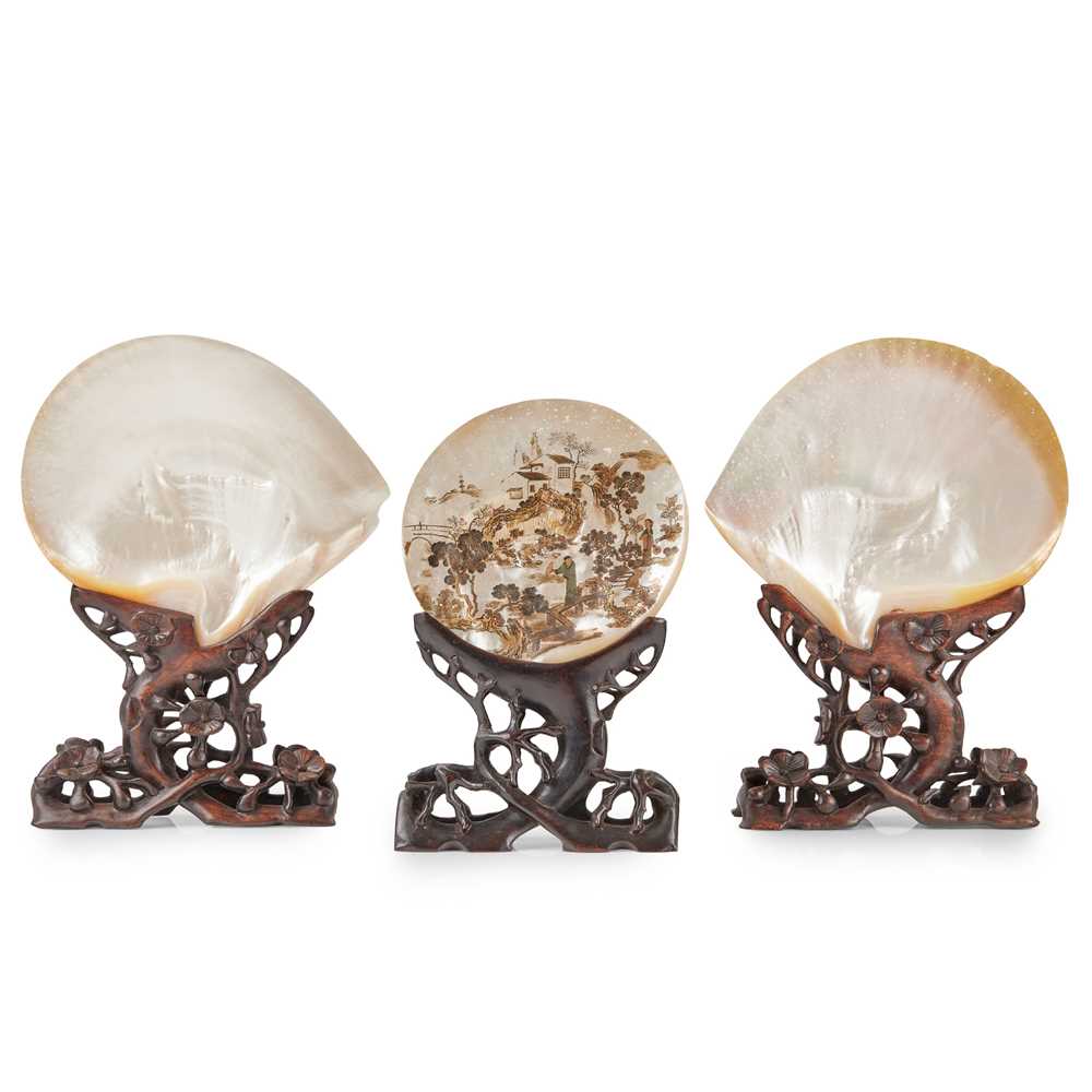 Appraisal: GROUP OF THREE MOTHER-OF-PEARL SHELLS TH- TH CENTURY comprising two