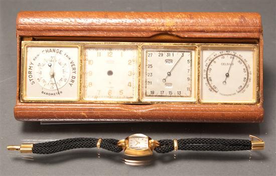 Appraisal: Lady's Cyma gold bracelet-watch together with a traveling weather set