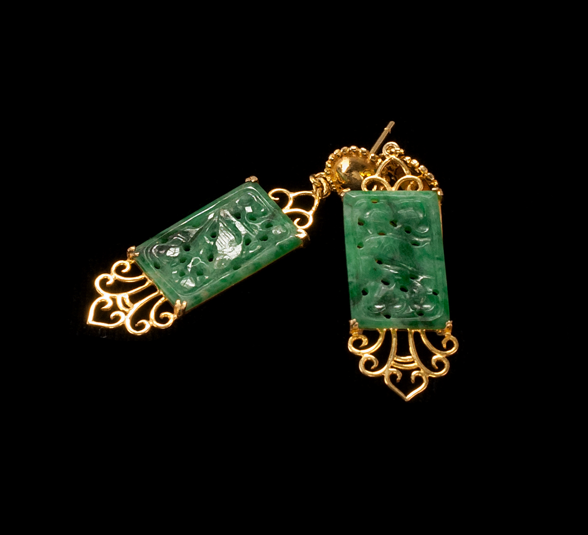 Appraisal: PAIR OF JADE DROP EARRINGS In rectangular form with carved